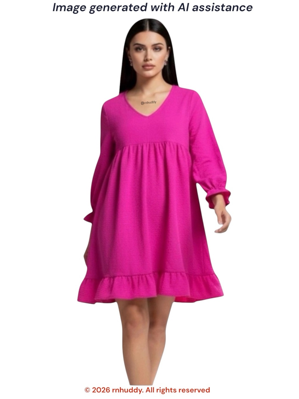 JODIFL L hot pink long sleeve v-neck babydoll ruffle hem dress with pockets